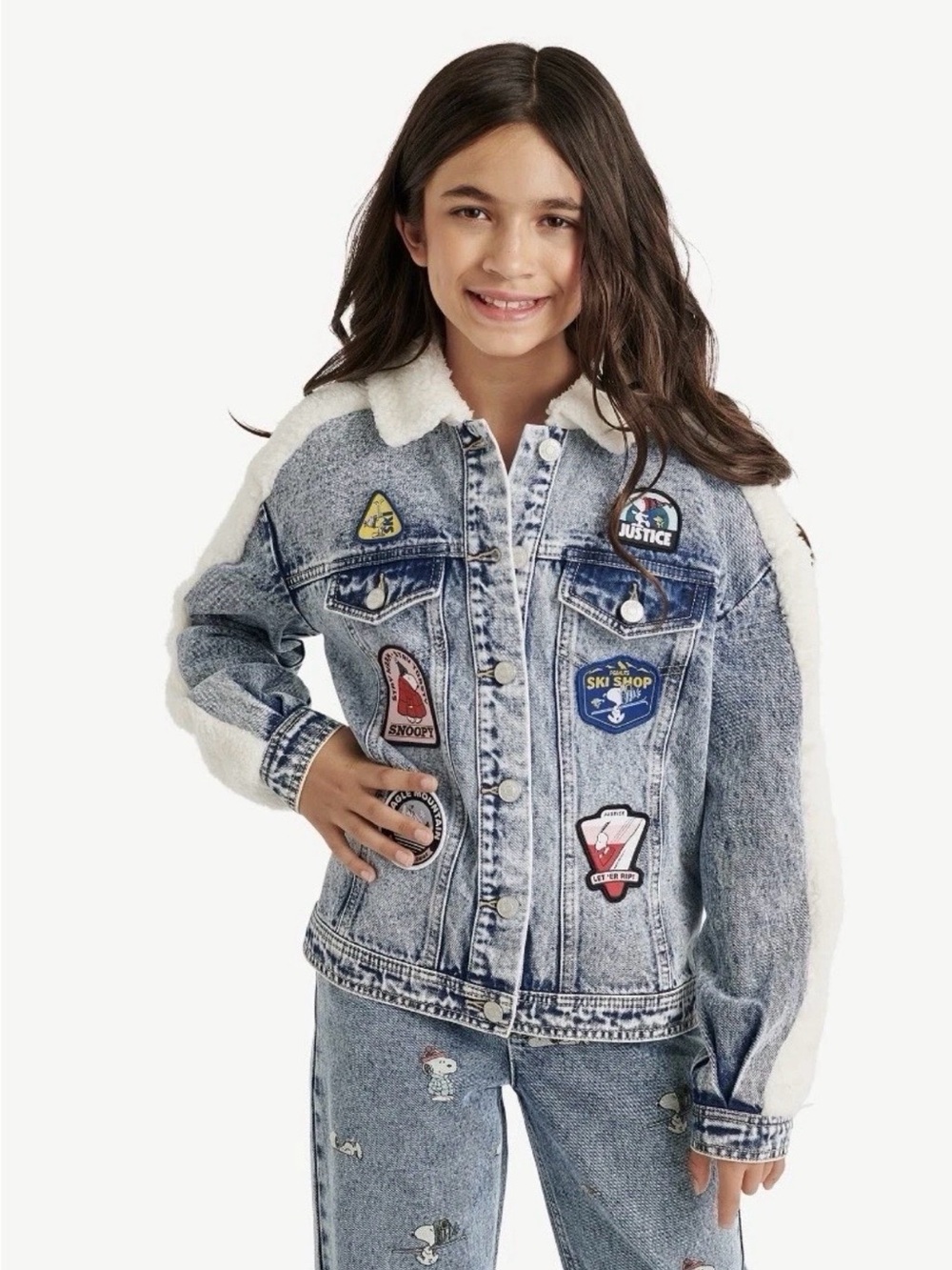 Justice Snoopy Light Blue Patch Jacket with Cream Sherpa Trim